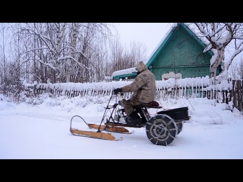 Видео: Самодельный снегоход, квадролыж и езда на нём.