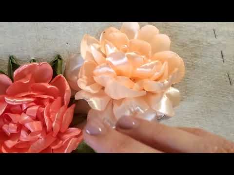 Видео: Пион, "смотрящий в сторону", вышитый атласными лентами. МК. часть 2