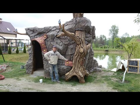 Видео: как сделать декоративную скалу с пещерой и водопадом,и барбекю в  пещере в виде дерева  из  бетона.