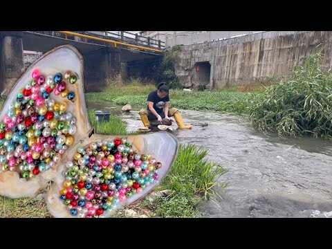 Видео: Сокровища под дырой моста, ныряльщик за жемчугом собирает голубые жемчужины, этот цвет потрясающий
