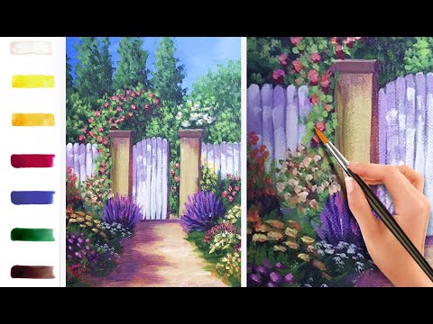 Видео: Сад.‏ ‎Розовая‏ ‎арка.‏ ‎Как ‎нарисовать ‎пейзаж🎨АКРИЛ! Мастер-класс ДЕМО