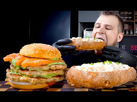 Видео: СЛИВОЧНЫЕ КРЕВЕТКИ В ХЛЕБНОЙ ЛОДКЕ, РЫБНЫЙ БУРГЕР, ASMR MUKBANG, АСМР МУКБАНГ, 먹방, 大食い, たべる, 谢尔盖