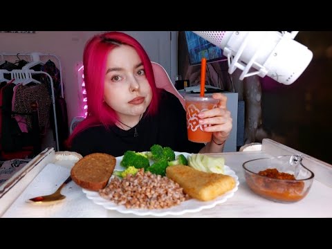 Видео: Гречка с рыбным треугольником,брокколи, соус из чесночных стрелок мукбанг/еда на камеру mukbang