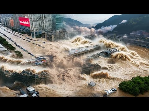 Видео: Дама на реке Гуанси, Китай, прорвана, деревни затоплены, армия проводит спасательные работы ночью.