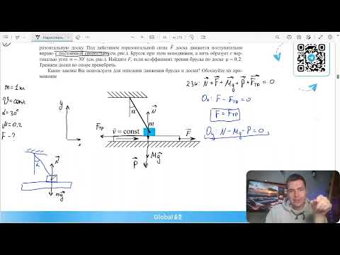 Видео: Брусок массой m = 1 кг, привязанный к потолку лёгкой нитью, опирается на массивную - №31088