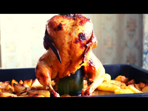 Видео: Печено пиле на грил във фурна.Пияно пиле на бутилка. Ето как се пече цяло пиле 🍗