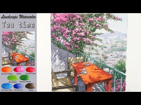Видео: Солнечный день -Время чая   - Рисование Ландшафтная акварель (Arches) .NAMIL ART