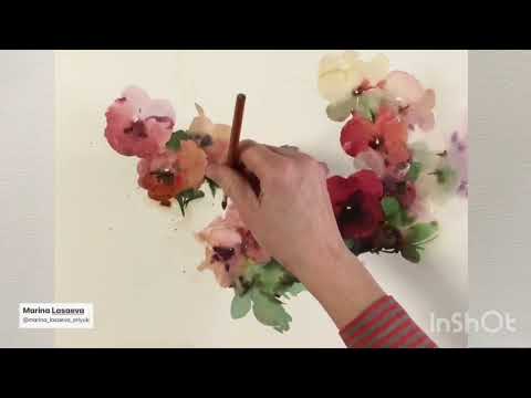 Видео: Pansies, watercolour / анютины глазки, акварель