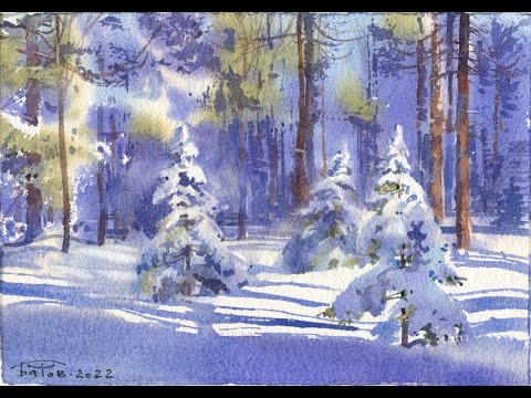 Видео: Зимний пейзаж акварелью (бумага Палаццо хлопок) Watercolor winter landscape  (Palazzo cotton paper)