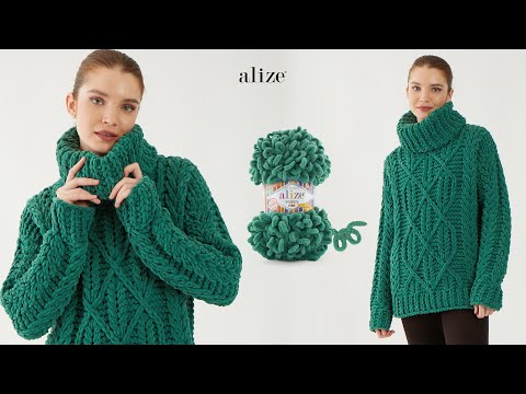 Видео: Свитер с косами и пряжей Alize Puffy Fine