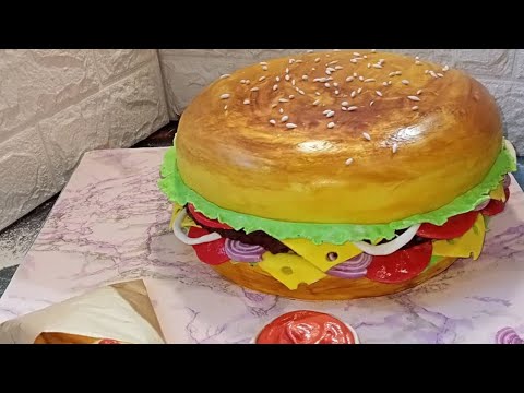 Видео: 3д торт гамбургер с картошкой фри и соусом. Подробное оформление торта гамбургер.