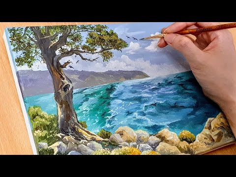 Видео: Как нарисовать море с видом / Акрил / Исцеляющая картина
