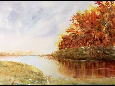 Видео: Осенний пейзаж акварелью. Рисуем группу деревьев губкой. Trees with the sponge in WC.