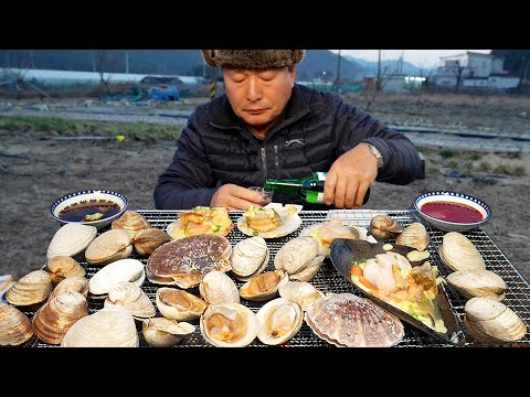 Видео: Жареные на углях моллюски и кулинарное шоу Soju - Mukbang.