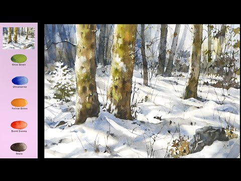 Видео: Зимний пейзаж, акварель -Заснеженный лес(3x скорость,просмотр названий цветов)