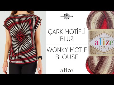 Видео: Alize Diva Batik ile Çark Motifli Bluz • Wonky Motif Blouse • Блузка с мотивом шаткий квадрат