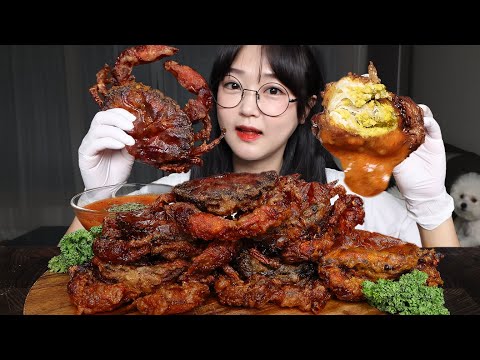 Видео: Жареные крабы в мягком панцире с розовым соусом🦀Mukbang ASMR