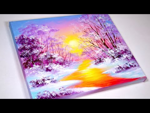 Видео: Закат Живопись | Зимний закат у реки Акриловая живопись