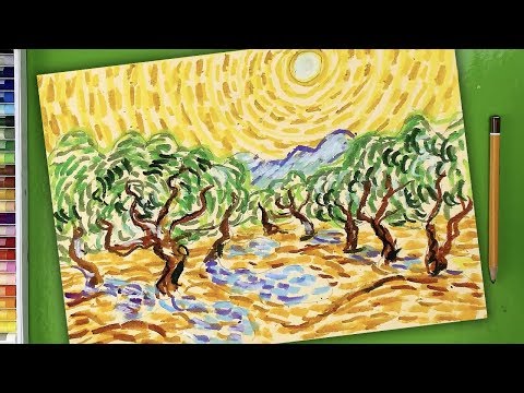 Видео: Пейзаж как рисовать Ван Гог - Урок рисования для детей