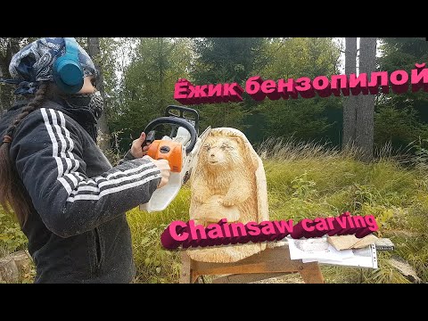 Видео: Резьба бензопилой Лена Карвин #chainsawcarving Hedgehog with Mashroom #diy
