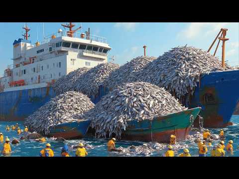 Видео: Огромный улов скумбрии в море — тонны лосося подняты на борт гигантского рыболовного судна!