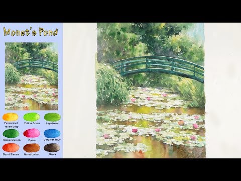 Видео: основной Пейзажная акварель - Пруд Моне (sketch & coloring, Arches rough) NAMIL ART