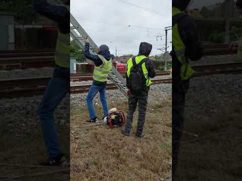 Видео: протяжка оптического кабеля по опорам контактной сети, были ли нарушения правил ТБ заметили?