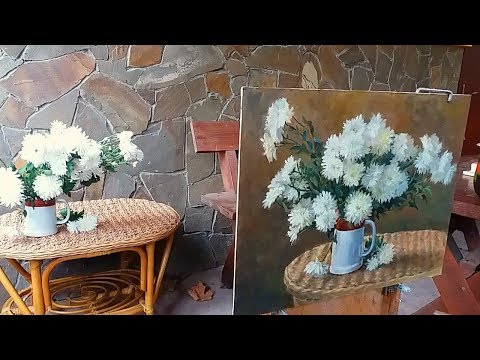 Видео: Натюрморт с белыми хризантемами. Живопись маслом мастер-класс.