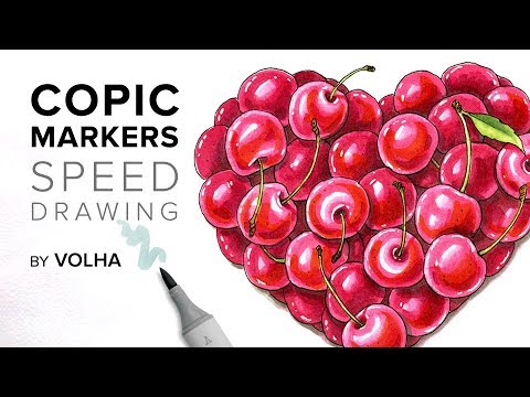 Видео: Урок по рисованию маркерами для новичков, рисуем сердце из вишенок / Copic markers speed drawing #27