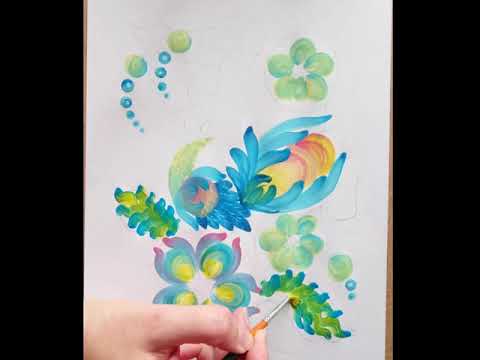 Видео: Мастер класс по петриковской росписи. Птичка в голубых аквамариновых тонах.  Drawing lessons.