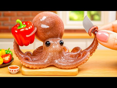 Видео: Ловля осьминога в море 🐙 Вкусный миниатюрный осьминог на гриле внутри болгарского перца в мини-кухне
