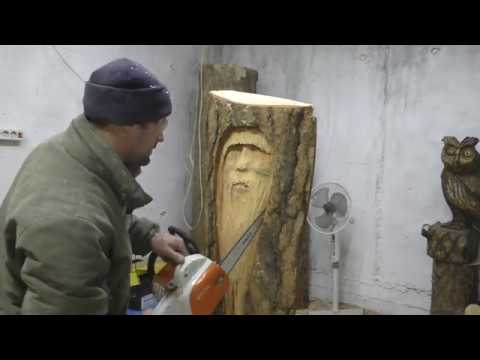 Видео: лицо старичка, работа с деревом на горбыле, весь процесс работы, wood carving