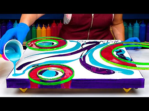 Видео: Великолепная акриловая заливка ~ Новый круглый дизайн с 💜Фиолетовым и Бирюзовым💙 Жидкое искусство