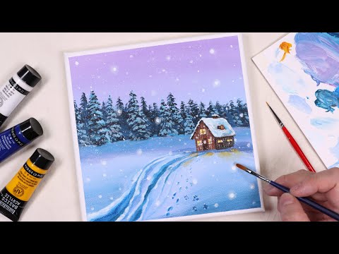 Видео: Снежный день / Зимний пейзаж / Акриловая живопись для начинающих / Уроки рисования