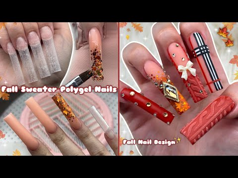 Видео: Осенний свитер с полигелевым покрытием ногтей✨ Длинные полигелевые ногти и осенний дизайн ногтей ...