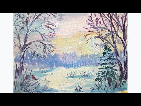 Видео: Рисуем пейзаж. Зима в лесу. Гуашь