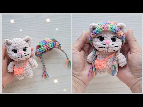 Видео: Котик в шапке с сумкой из плюша вязаный крючком😸crochet cat😸gehäkelte Katze