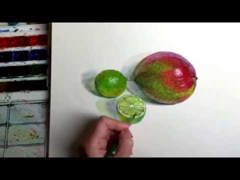 Видео: Этюд акварелью с натуры. Манго и лайм .