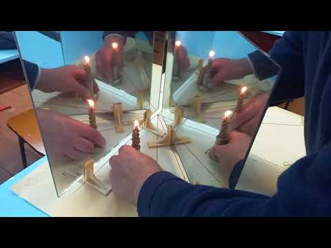 Видео: Василий Гладыш. Наблюдение и подсчет количества изображений горящей свечи в двух плоских зеркалах.