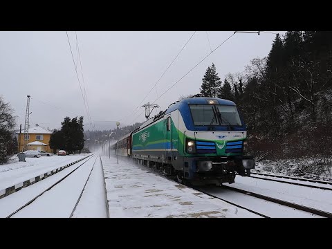 Видео: Бърз влак 3622 Бургас-София минава през зимното Макоцево, начело с "Хан Кардам" 80 037..