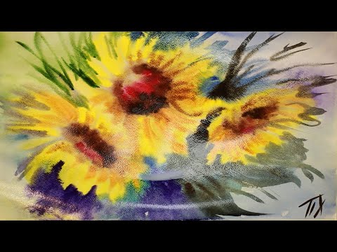 Видео: Курс рисования "Акварельная живопись" Начинающие. Урок 4-3. Подсолнухи  Техника по сырому.