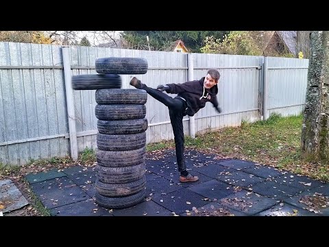Видео: Очень сложное упражнение! Выбить шину ударом ноги, и продолжить атаку. День 58.