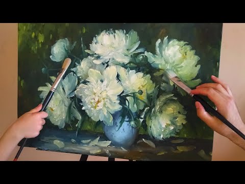 Видео: Картина на двоих!) Белые пионы маслом