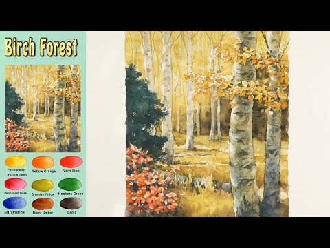 Видео: основной Пейзаж Акварель - Березовый лес (wet-in-wet. Fabriano rough) NAMIL ART