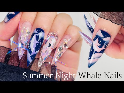 Видео: летнее ночное небо китовый ноготь🐳🌌 наращивание ногтей гелем / маникюр / АСМР