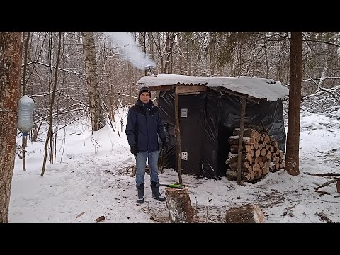 Видео: Уют лесного балагана в декабрьском заснеженном лесу.