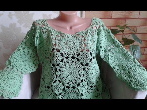 Видео: Пуловер крючком из мотивов. Часть 8.