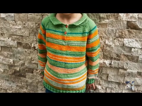 Видео: Джемпер  с воротником поло, для ребёнка 7 лет. Вяжем из остатков пряжи.