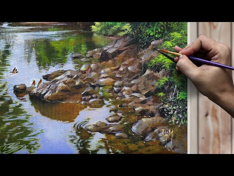 Видео: Как нарисовать воду и камни шаг за шагом | Простой урок по рисованию акрилом