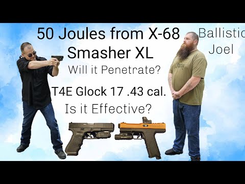 Видео: Баллистический Джоэл: Проникает? X-68 50 Joule Smasher XL/T4E Glock 17 .43 калибра. Эффективен? М...